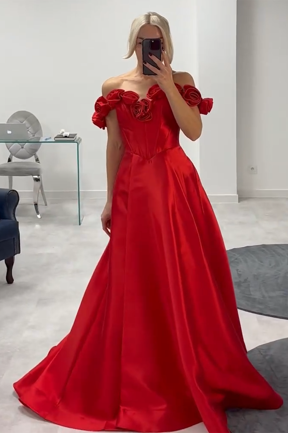 Red Corset A Line Off The Shoulder Long Formal Dress with Flowers