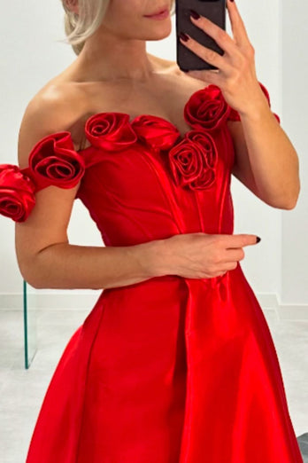 Red Corset A Line Off The Shoulder Long Formal Dress with Flowers