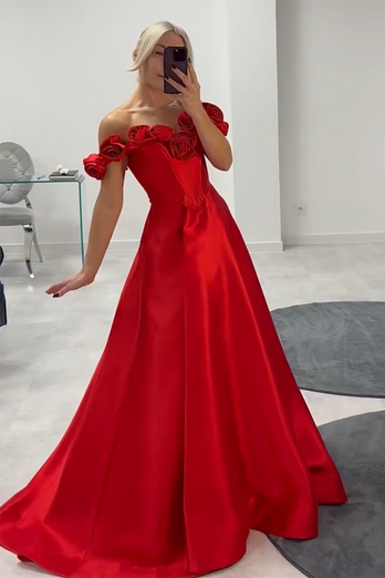 Red Corset A Line Off The Shoulder Long Formal Dress with Flowers