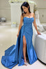 Load image into Gallery viewer, Blue Ruched Strapless Satin Long Formal Dress with Slit