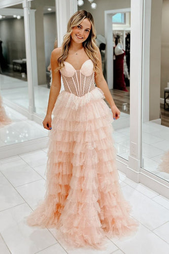 Sparkly Pink Corset A Line Tiered Long Tulle Formal Dress