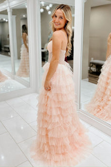 Sparkly Pink Corset A Line Tiered Long Tulle Formal Dress