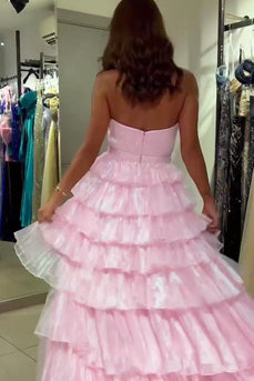 Pink Strapless High-Low A Line Long Tulle Formal Dress