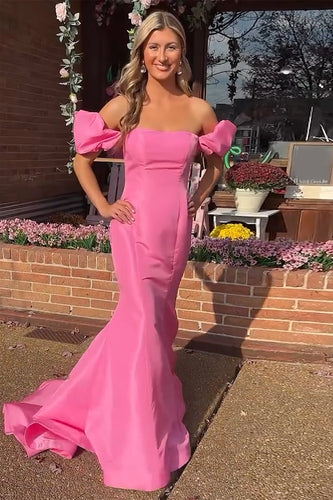 Pink Mermaid Off The Shoulder Long Satin Formal Dress