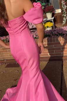 Pink Mermaid Off The Shoulder Long Satin Formal Dress