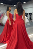 Load image into Gallery viewer, Sparkly Red Beaded Corset Bow Long Satin Formal Dress with Slit