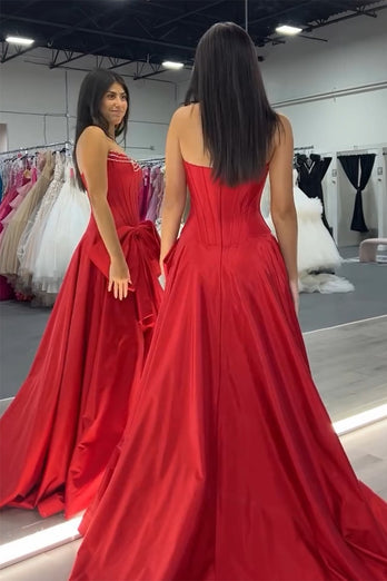 Sparkly Red Beaded Corset Bow Long Satin Formal Dress with Slit