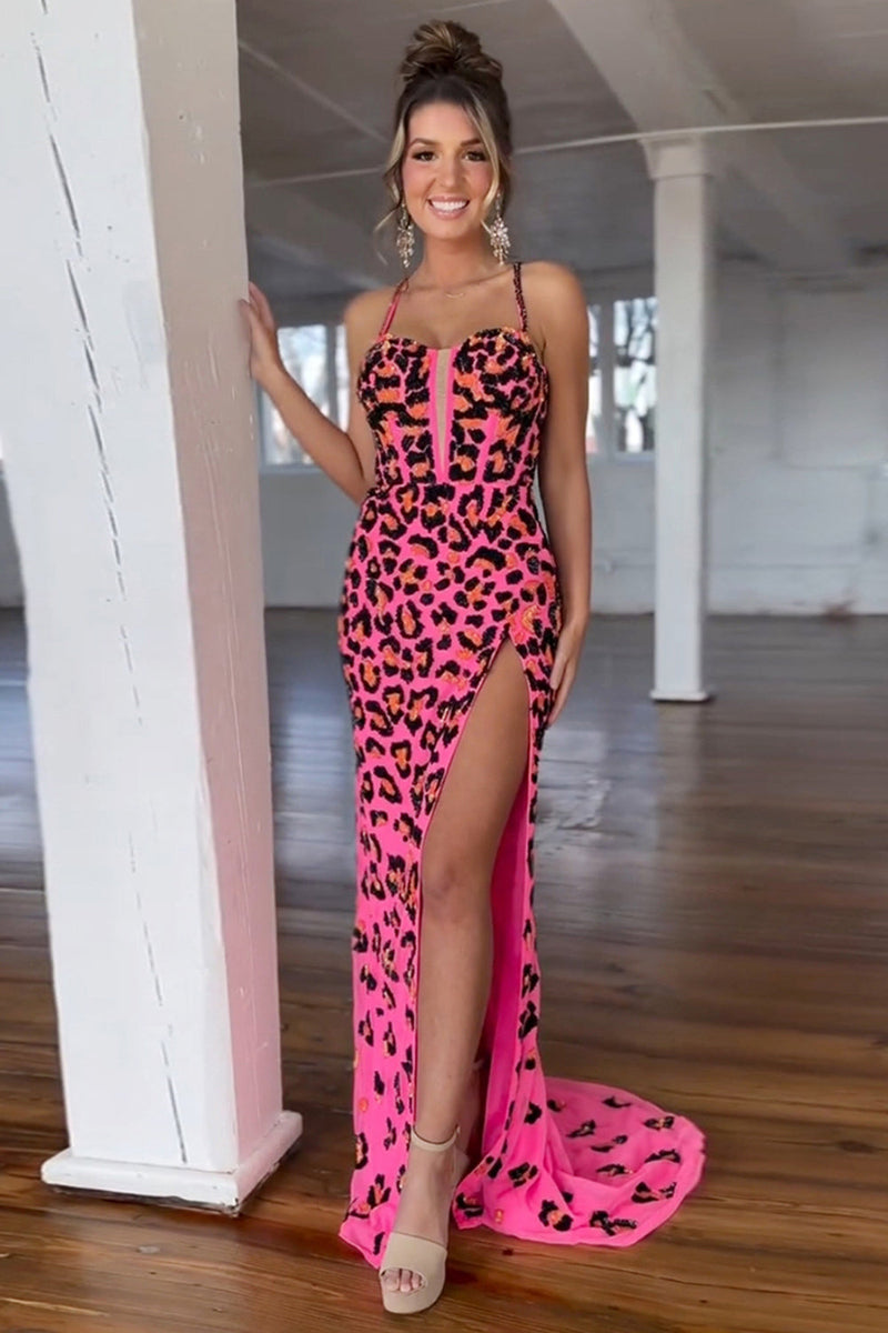 Load image into Gallery viewer, Cheetah Printed Fuchsia Corset Long Formal Dress with Slit