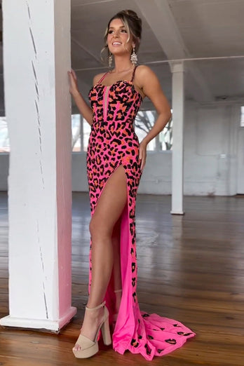 Cheetah Printed Fuchsia Corset Long Formal Dress with Slit