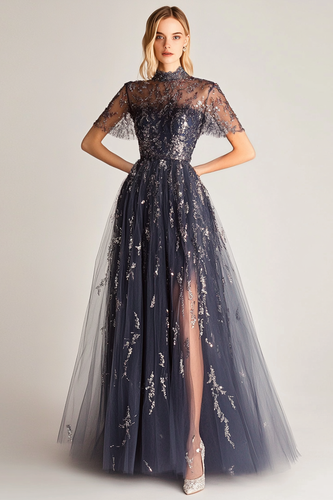 Sparkly Navy Illusion Tulle A Line Long Formal Dress with Slit