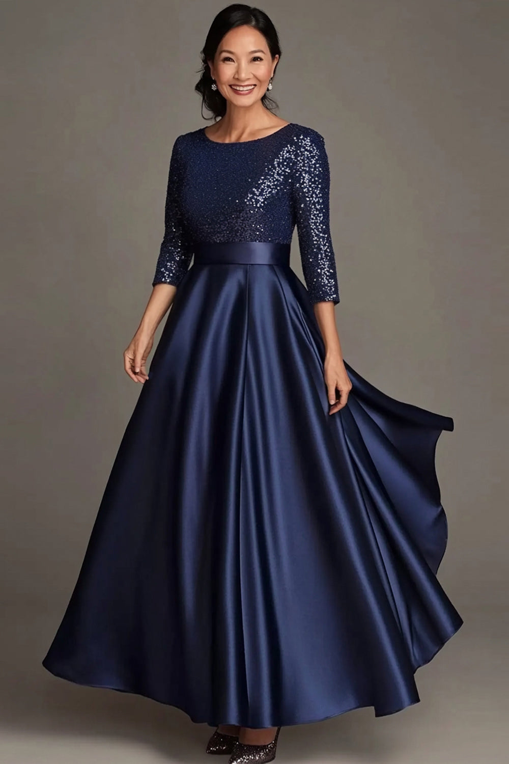 Sparkly Navy Scoop Satin Mother of the Bride Dress