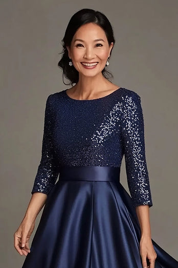 Sparkly Navy Scoop Satin Mother of the Bride Dress