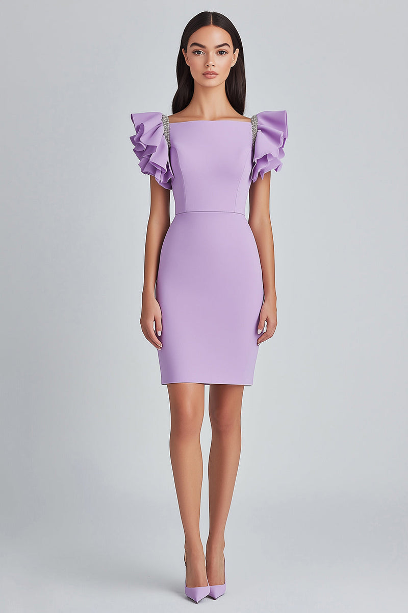 Load image into Gallery viewer, Lilac Bodycon Square Cap Sleeves Satin Formal Dress