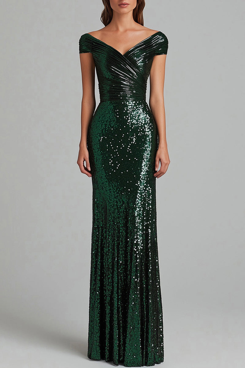 Load image into Gallery viewer, Sparkly Dark Green Sequin Sheath Boat Neck Long Formal Dress