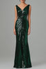 Load image into Gallery viewer, Dark Green V-Neck Sheath Sparkly Long Formal Dress