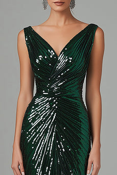 Dark Green V-Neck Sheath Sparkly Long Formal Dress