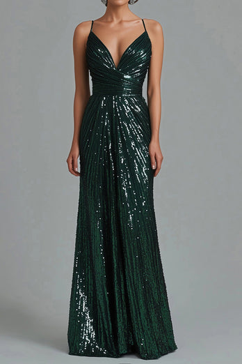 Dark Green Sparkly Spaghetti Straps Sheath Long Formal Dress