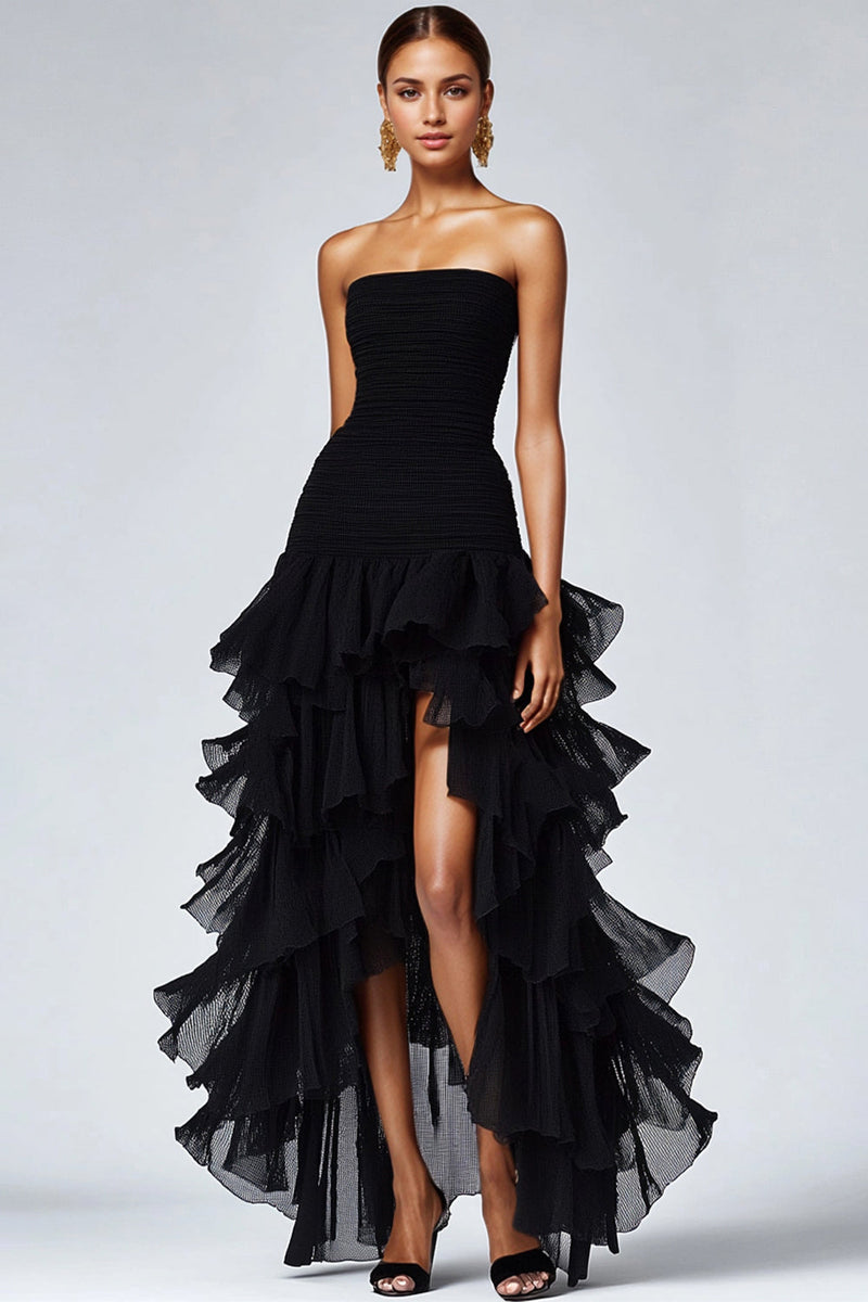 Load image into Gallery viewer, Black Strapless Tulle Tiered Long Formal Dress