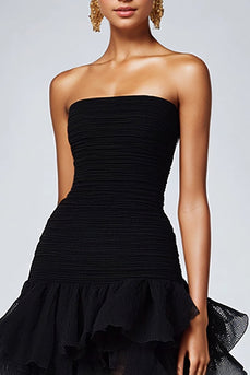 Black Strapless Tulle Tiered Long Formal Dress