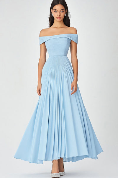 Sky Blue Off the Shoulder A Line Chiffon Long Formal Dress