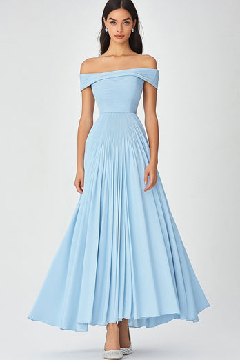 Sky Blue Off the Shoulder A Line Chiffon Long Formal Dress