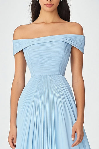 Sky Blue Off the Shoulder A Line Chiffon Long Formal Dress