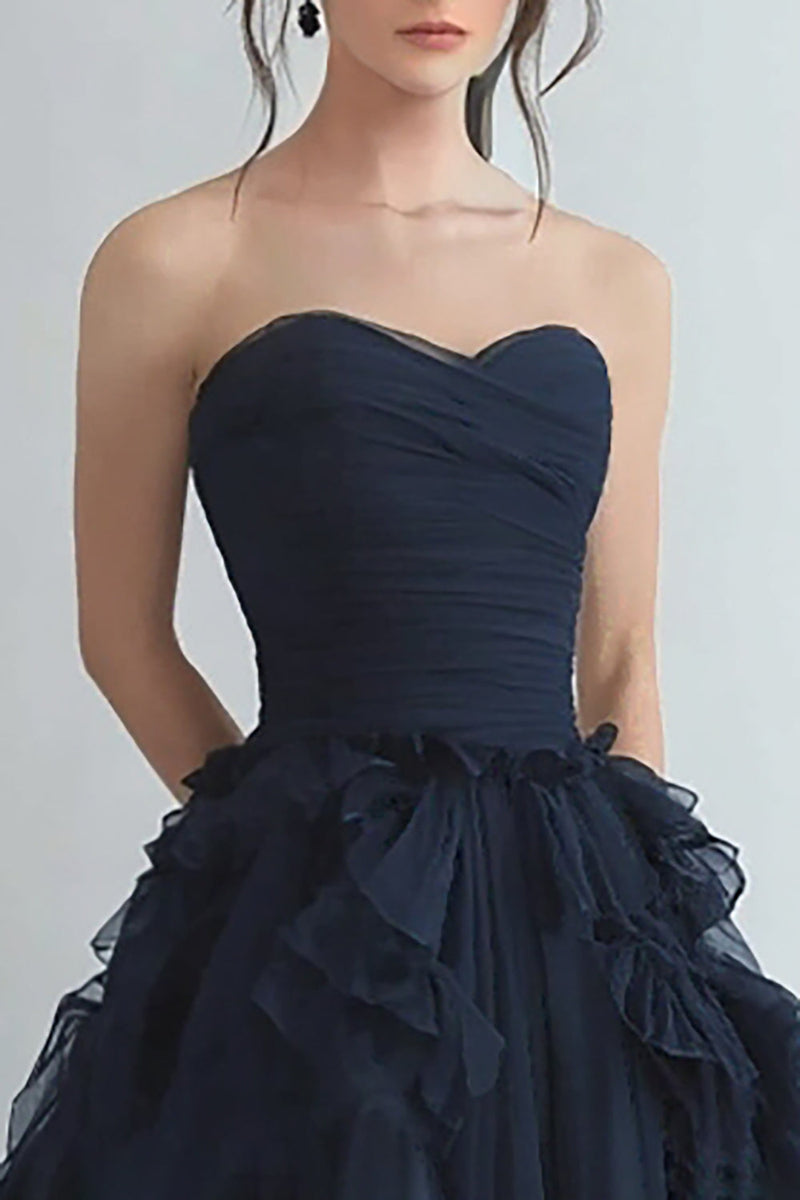 Load image into Gallery viewer, Navy Tulle Sweetheart Tiered Long Formal Dress