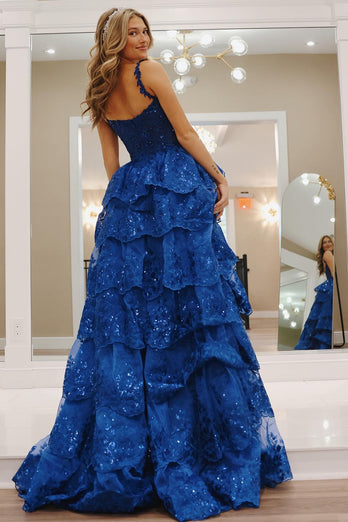 Glitter Royal Blue A Line Long Tiered Appliqued Formal Dress With Slit