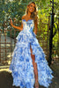 Load image into Gallery viewer, White Blue Flower Corset Sweetheart Tiered Long Formal Dress