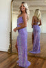 Load image into Gallery viewer, Sparkly Purple Mermaid Spaghetti Straps Sequins Formal Dress with Slit