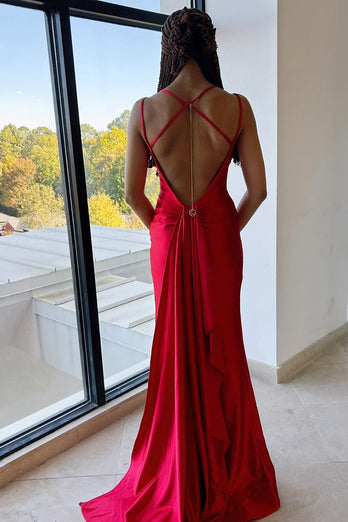 Red Mermaid Spaghetti Straps Long Corset Formal Dress With Slit