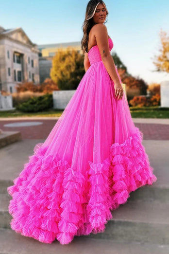 Hot Pink Corset Sweetheart A Line Long Formal Dress with Ruffles