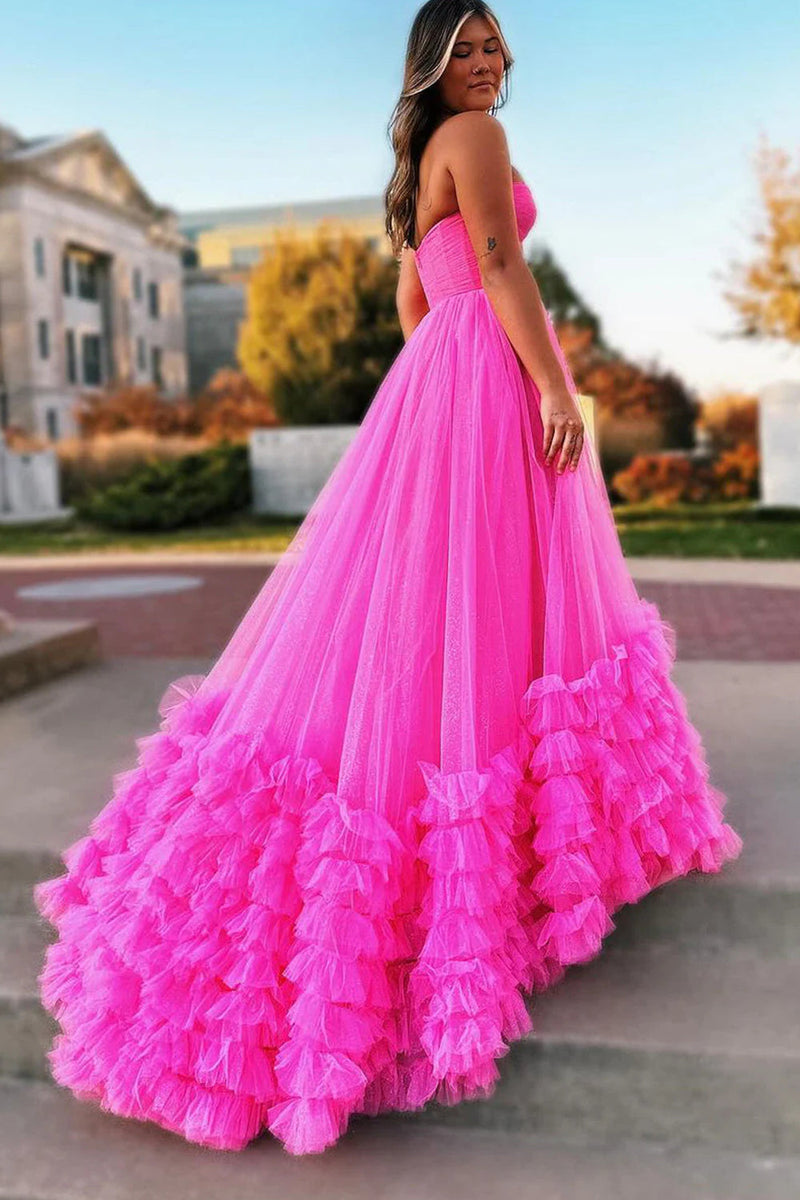 Load image into Gallery viewer, Hot Pink Corset Sweetheart A Line Long Formal Dress with Ruffles