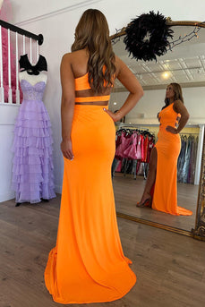 Orange Mermaid One Shoulder Long Formal Dress With Slit