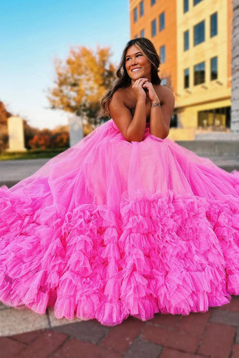 Hot Pink Corset Sweetheart A Line Long Formal Dress with Ruffles