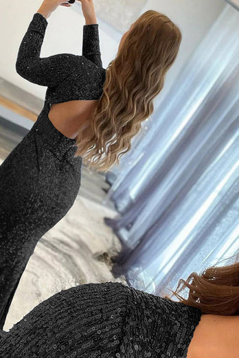 Mermaid Glitter Navy Sequins Mesh Evening Dress Backless Formal Dress