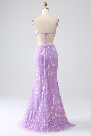 Sparkly Purple Mermaid Spaghetti Straps Sequins Formal Dress with Slit