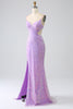 Load image into Gallery viewer, Sparkly Purple Mermaid Spaghetti Straps Sequins Formal Dress with Slit