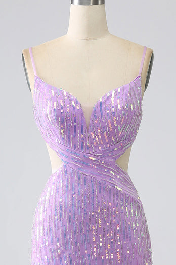 Sparkly Purple Mermaid Spaghetti Straps Sequins Formal Dress with Slit