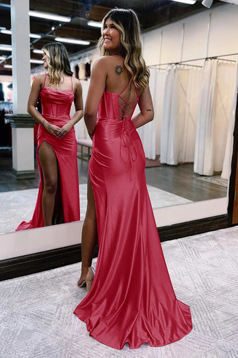 Fuchsia Spaghetti Straps Satin Mermaid Formal Dress with Slit