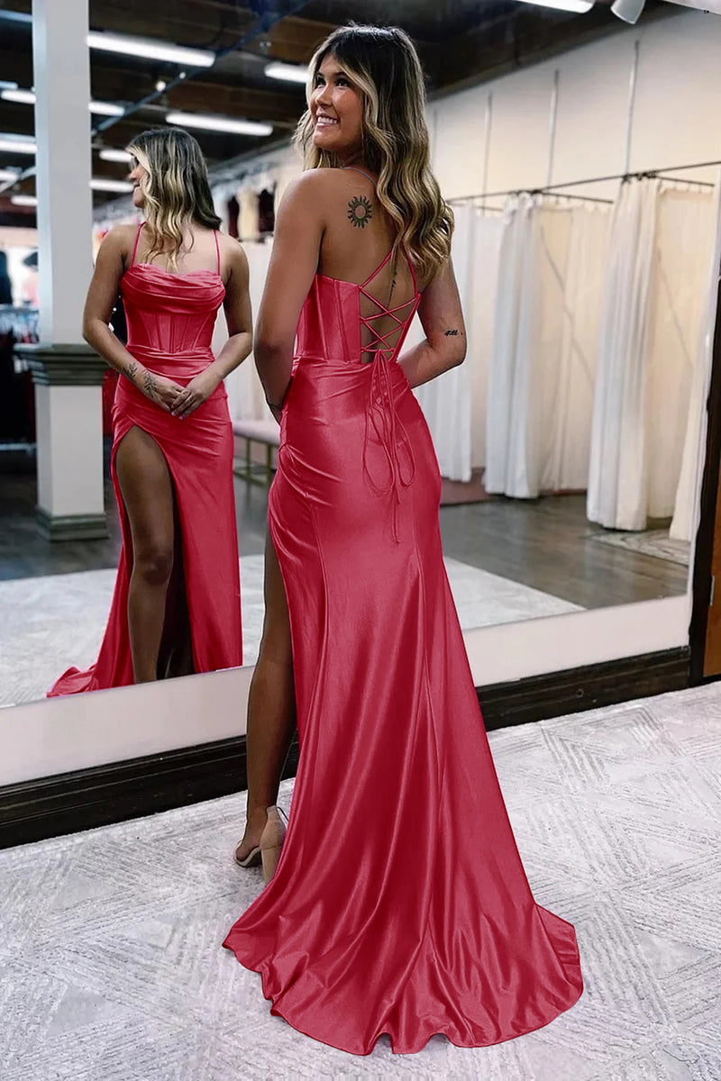 Load image into Gallery viewer, Fuchsia Spaghetti Straps Satin Mermaid Formal Dress with Slit