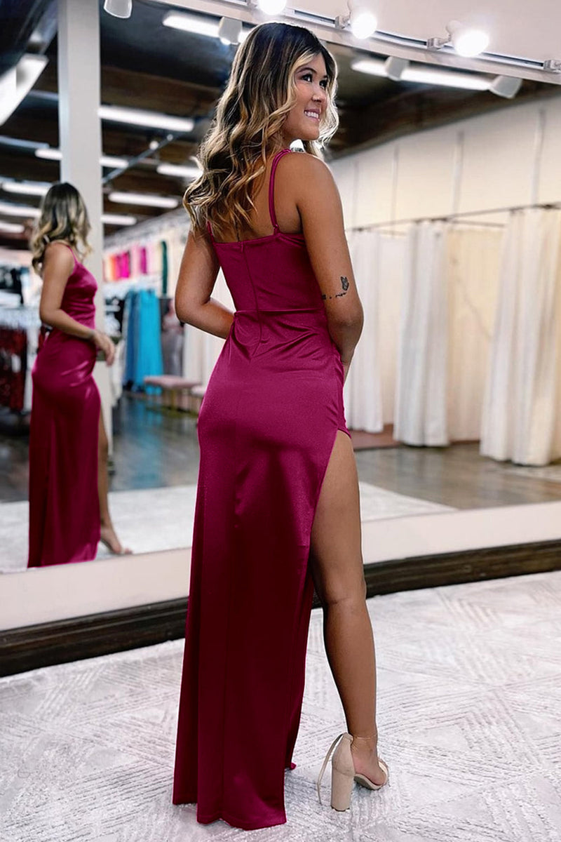 Load image into Gallery viewer, Hot Pink Satin V-Neck Simple Formal Dress with Slit