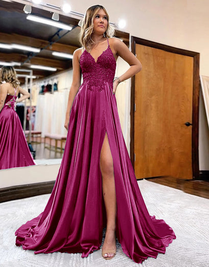 Red Satin A-Line Appliques Formal Dress with Slit