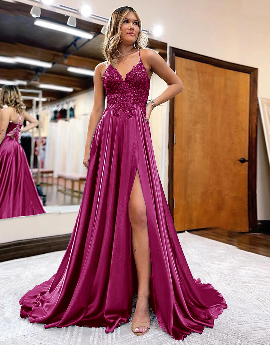 Load image into Gallery viewer, Red Satin A-Line Appliques Formal Dress with Slit