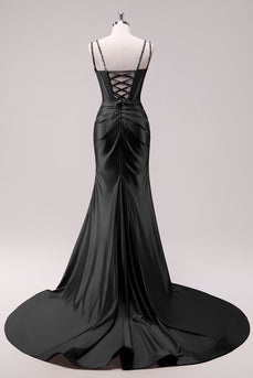 Sparkly Black Beaded Corset Long Formal Dress with Slit