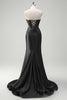 Load image into Gallery viewer, Sparkly Dark Green Corset Beaded Long Satin Formal Dress with Slit