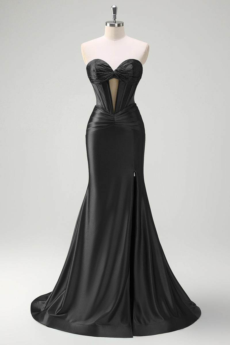 Load image into Gallery viewer, Sparkly Dark Green Corset Beaded Long Satin Formal Dress with Slit