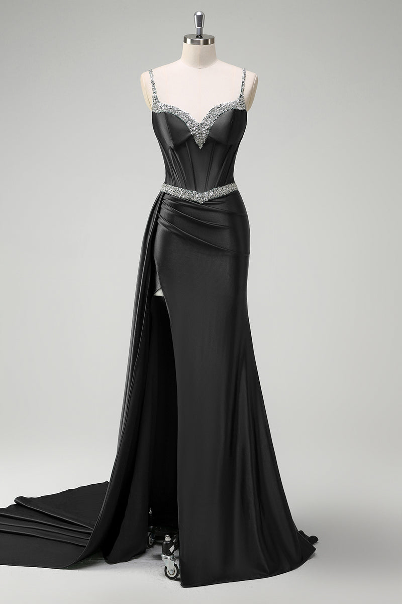 Load image into Gallery viewer, Sparkly Dark Green Sequined Corset Long Formal Dress with Slit