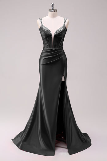 Sparkly Black Beaded Corset Long Formal Dress with Slit