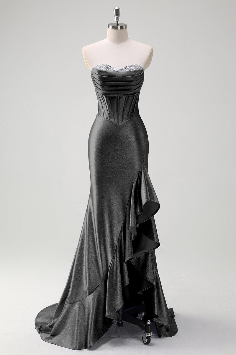 Load image into Gallery viewer, Sparkly Grey Blue Corset Long Satin Formal Dress with Ruffles Slit